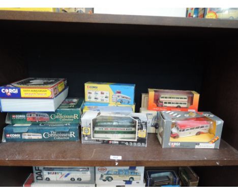 A shelf of Corgi (china and late 20th century UK) die-cast buses, including The Connoisseur Collection, Corgi Classics etc, a