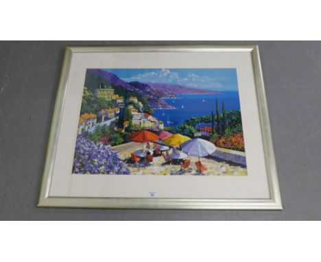 Contemporary framed print of a Mediterranean village, 85 x 100cm