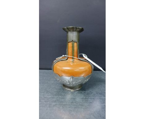 Orivit pewter mounted and brown glazed ceramic vase, 18cm high