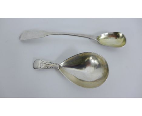 Georgian silver caddy spoon and a Georgian silver spoon (2) 