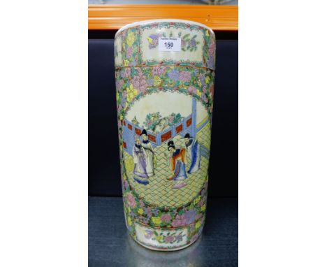Oriental pottery umbrella/stick stand, decorated with figures in a courtyard, 47cm high