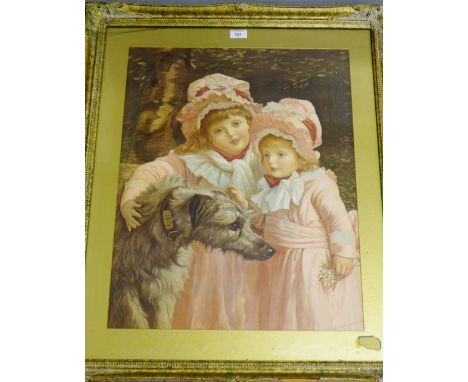Gilt framed colour lithograph of two young girls and their hound, 70 x 85cm