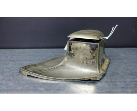 WMF pewter inkwell of lozenge outline, the hinged top lifting to reveal the glass liner, 18cm long