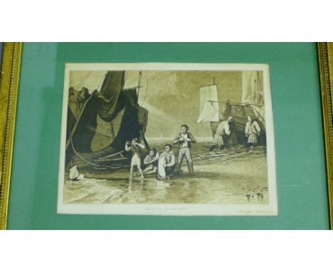A group of four framed engravings and prints to include 'A Normandy Cottage' by Rousseau, 'Hans in der Kirche', 'Marine Dabbl