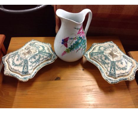 A pair of Victorian Staffordshire turrines & covers of rectangular waisted shape, with green & gilt floral decoration; and a 