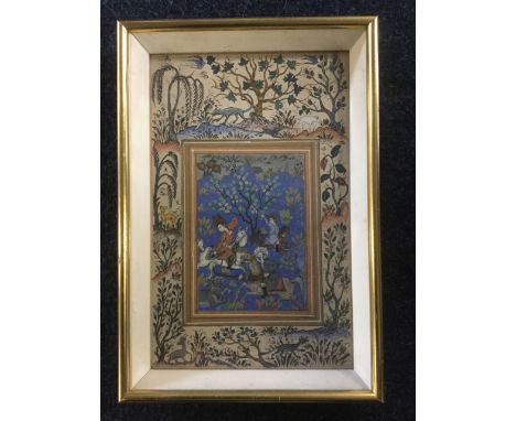 Gouache & watercolour, Indian miniature with mounted hunters in landscape, to central panel, framed border of trees and anima