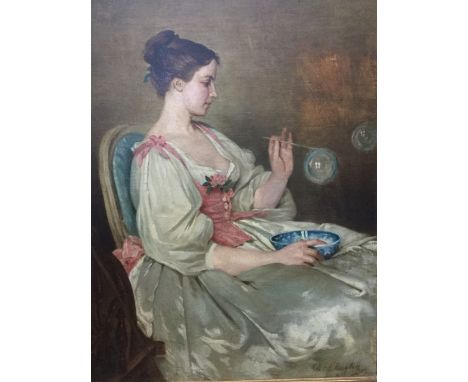 CR Chaplin, oil on canvas, three quarter-length seated portrait of a girl blowing bubbles by spinning wheel, signed and in gi