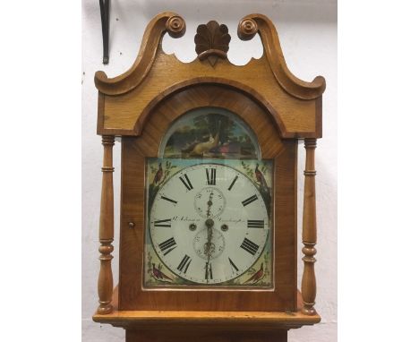 A Victorian oak longcase clock, the movement by R Johnson of Darlington, with painted dial having game to spandrels and arch,