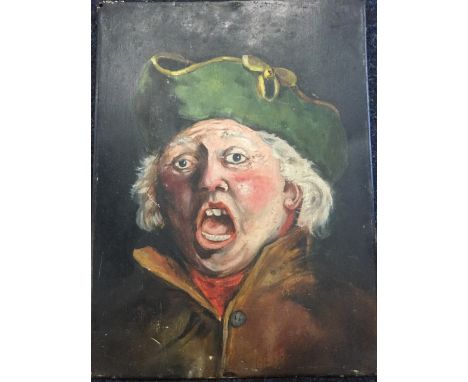 Oil on tin panel, bust study of town cryer. (9in x 12in)