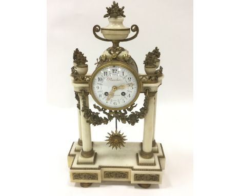 A nineteenth century French marble mantle clock, the architectural style timepiece with urn finial above a drum movement havi