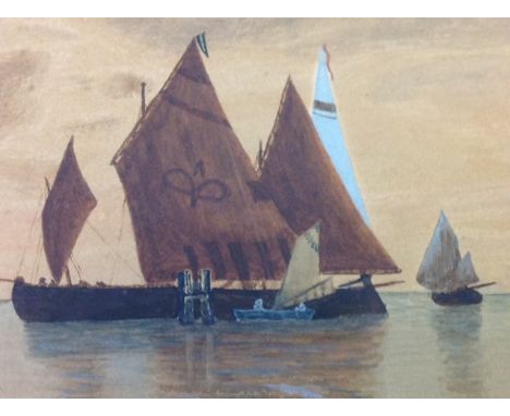 K Bartassi, watercolour, sailing boats and barges on calm sea, the coastal view signed & dated 1911, mounted. (15.75in x 6in)