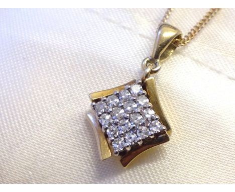 An 18ct diamond pendant, with sixteen claw set diamonds set in square panel framed by waisted bars, mounted on a fine gold ch
