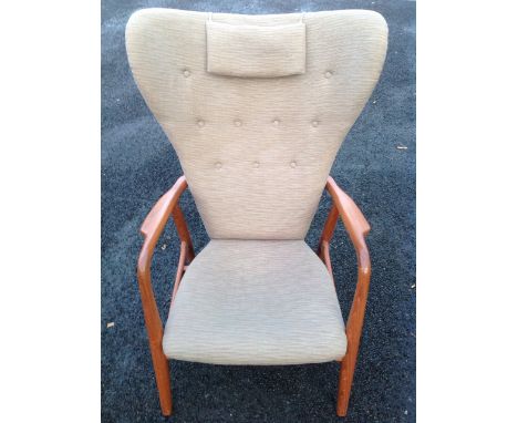 A mid-century Madsen & Schubell 60s Danish high back lounge chair, the tapering spade shaped button upholstered back with loo