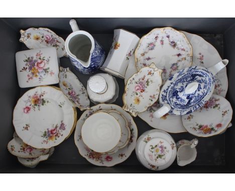 Royal Crown Derby, a box of assorted tea wares, trinkets, jar, plates, jugs, mostly Derby Posies pattern, etc (one box)