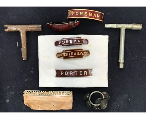 Enamel railway personnel badge, foreman, x 2, Porter and BR produced by JR Gaunt, London, and earlier Gerard cap badge and a 