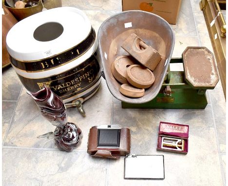 A collection of assorted items including a set of 20th&nbsp;Century weighing scales, a Murano glass fish, a camera, cigarette