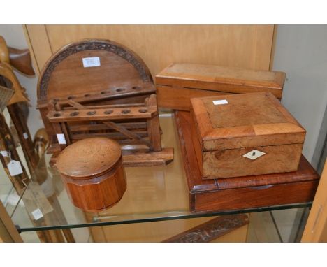 A collection of 19th &amp; 20th Century wooden boxes and stands to include: A Victorian walnut veneered glove box and matchin