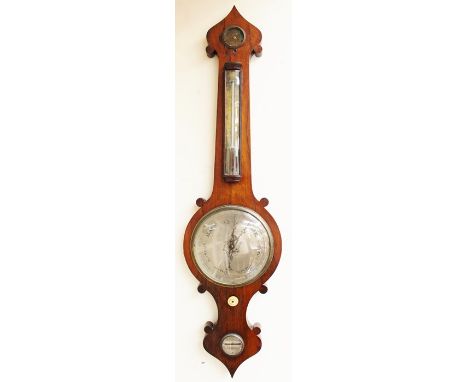 An early 19th Century rosewood veneered banjo barometer and thermometer, having a spirit level to lower sectionCondition prob