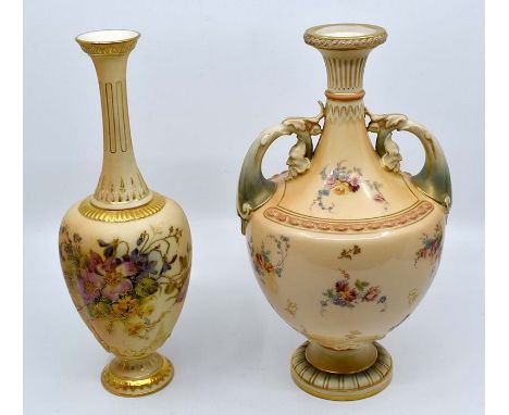 A pair of Royal Worcester blush ivory vases, 1761, twin handled vase 1683 and another blush ivory vase 281 ware on giltCR; no