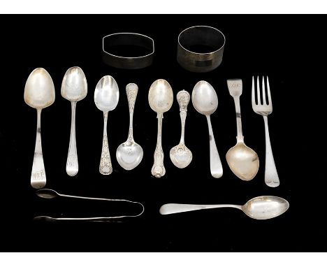A collection of silver teaspoons including: George III fiddle pattern Newcastle, 1818, maker' mark rubbed (dents to bowl, ela