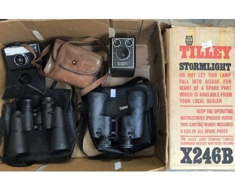 Two cased Singer sewing machines, a Tilley lamp, cameras and binoculars (Q)