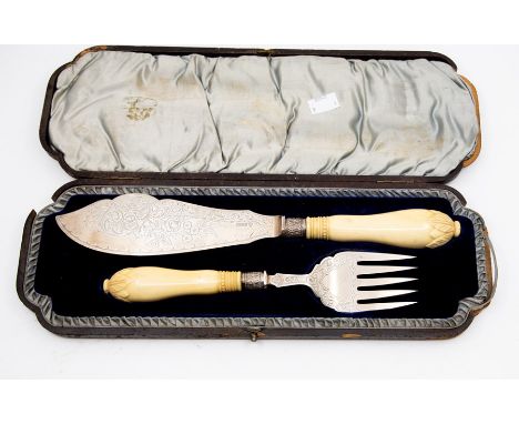 A Victorian silver fish serving knife and fork, original case, Sheffield, 1896, maker's mark M Bros, the tine and blades engr