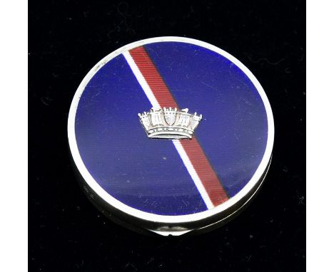 a George V silver and enamel compact by john William Barrett, Birmingham 1930,  round form, blue enamel and red/white strippe