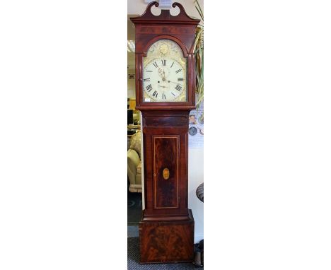 An early 19th Century mahogany eight day longcase clock, white enamelled dial, black Roman numerals, painted decoration, swan