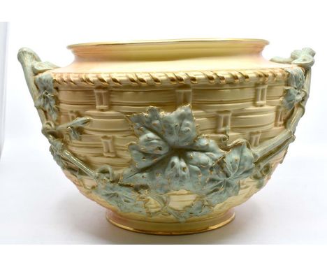 A Royal Worcester blush ivory jardiniere, dated 1904, of ovoid form and relief moulded with basket weave and leafy vines, 37c