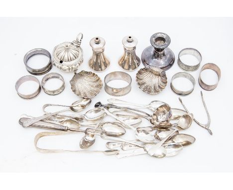 A collection of silver tableware including: bright-cut engraved teaspoons; sifting spoon, pickle fork, seven napkin rings; wi
