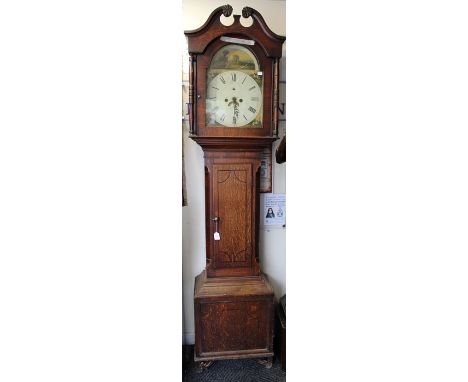 A George III Welsh oak 30 hour longcase clock by M.Evans of Llanernyw, circa 1810, swan neck cornice with floral carving, arc