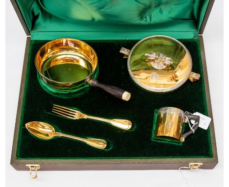 A 19th Century French Imperial Napoleon III silver-gilt five piece campaign set, by Christofle of Paris, retailed by Maison C