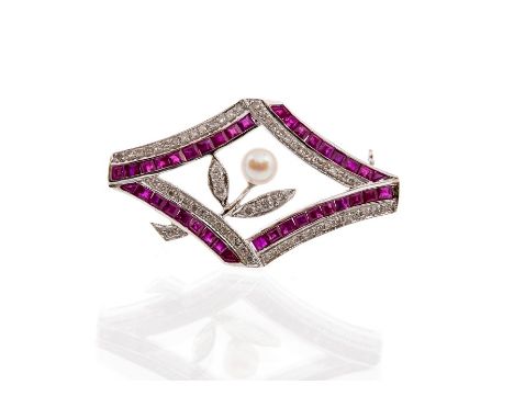 A ruby, diamond and pearl set 18ct white gold brooch, the open diamond shaped form with a central flower detail set with diam