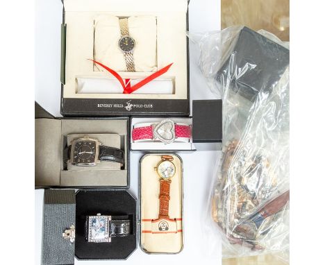 A collection of wrist watches and various dress watches, makes include Timex, Gossip, Swiss Master, Beverly Hills (boxed) and