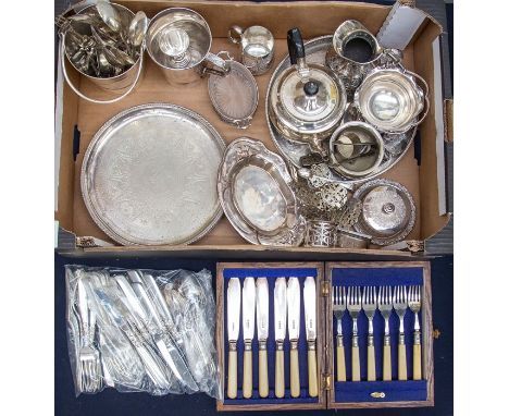 A collection of assorted silver plated items, including teapot, cream jug, sugar bowl, knives, champagne bucket, trays, flatw