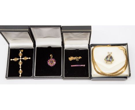 A&nbsp; mystic topaz, diamond and 9ct gold pendant, the trillion shaped topaz claw set with a cross over mount set with small