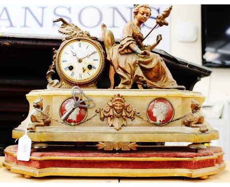 A late 19th Century French mantel clock with Marie Antoinette figure, on stand (AF) with onyx body