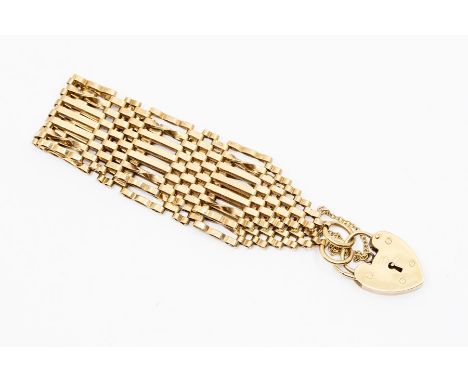 A 9ct gold gate bracelet, padlock clasp, width approx. 22mm, length approx. 8'', weight approx. 26gms&nbsp;