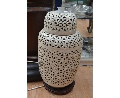 An&nbsp;early 20th Century cream ground Chinese scent vase, with lid on stand, converted to a lamp