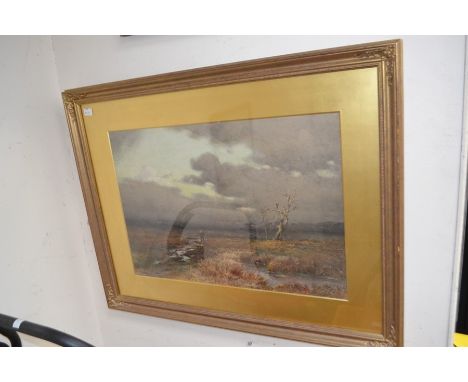 A quartet of watercolours comprising: a late 19th Century/Early 20th Century painting of a man crossing moorland, 36 x 54 cm,