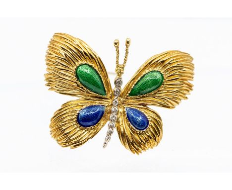 An 18ct gold enamel and diamond set butterfly brooch, by Kutchinsky, the wings with textured decoration set with blue and gre