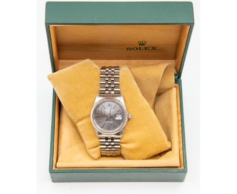 A gents stainless steel Rolex Oyster Datejust, 16030, circa 1988, with textured grey dial with applied baton hour markers, ba