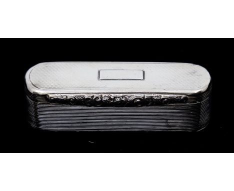 A William IV silver snuff box, rectangular form with rounded ends, engine turned, lid plain cartouche with foliate scroll dec