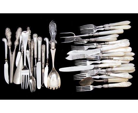 A collection of silver mounted and mother-of-pearl fruit knives and forks, various dates and makers together with salad servi