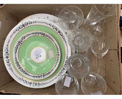 A collection of early 19th Century Derby plates, late Duesbury, along with early 20th Century glassware, Royal Worcester cabi