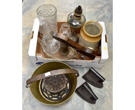 A collectors lot containing a wall barometer, early 20th Century glass wares, jam pans, iron trivet stand, two oil lamps, one