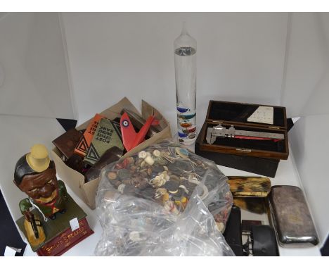 Two cast iron money banks, Trick Dog and Stump Speaker; a pair of opera glasses; binoculars; telescopes; hotwheels cars; etc;