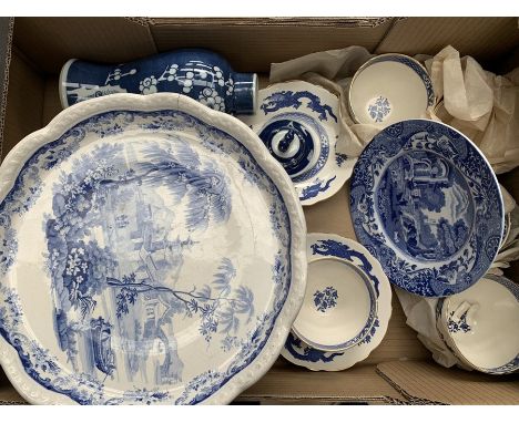 A collection of blue and white china items including Copeland, Spode, 19th Century blue and white, Royal Cauldron, meat plate