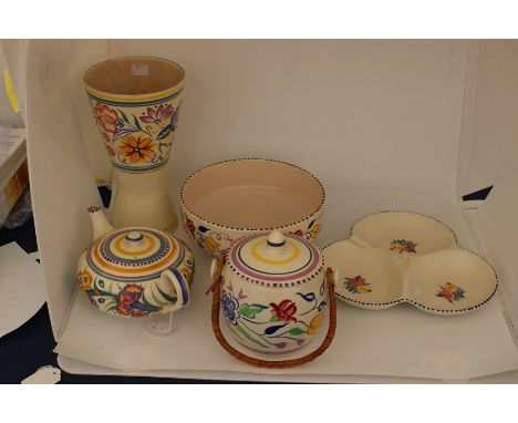 Poole Pottery; five pieces of hand painted Poole Pottery comprising tapered vase, 26cms high approx, fruit bowl, teapot, bisc