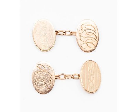 A pair of 9ct rose gold gents cufflinks, Birmingham 1923, oval form with engine turned decoration and monogrammed, 9.28 grams